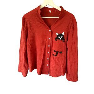 Red Cat Print Button Up Shirt Plus Size XXL Women's Casual Lightweight Blouse